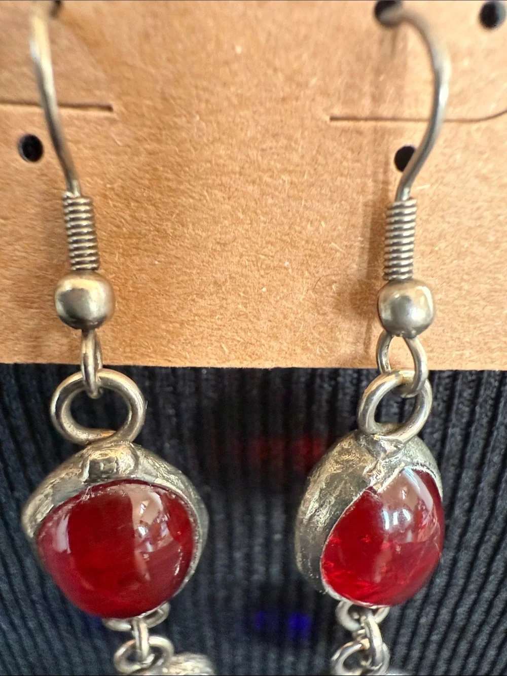Vintage silver plated Red and Blue Glass Drop Earrings handcrafted.